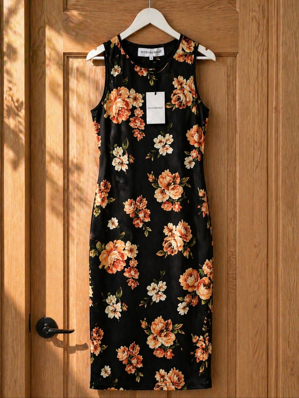NWT WeWoreWhat Floral Midi Dress Black Peach Bodycon Sleeveless Tank Dress M